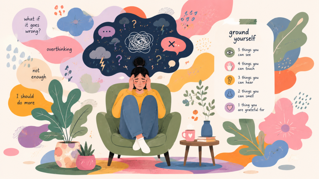 Colourful editorial illustration representing anxiety, overthinking, and grounding techniques for emotional wellbeing and mental health support