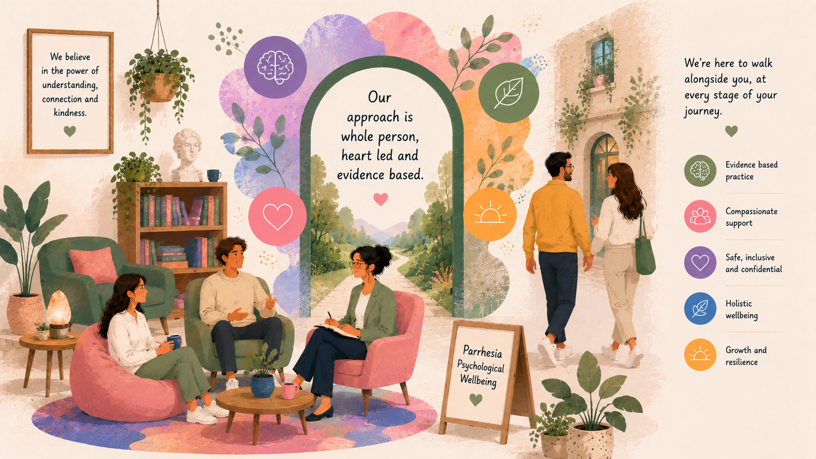 Colourful editorial illustration representing the Parrhesia approach to psychological wellbeing through healing, community support, therapy, personal growth, and emotional connection