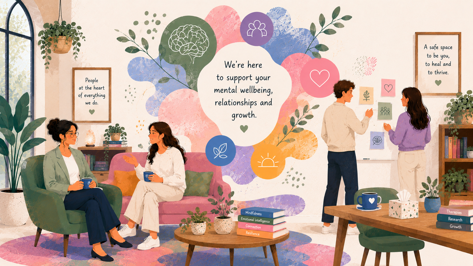 Colourful editorial illustration representing the Parrhesia mental wellbeing community with psychologists, emotional support, collaboration, growth, and safe spaces for healing