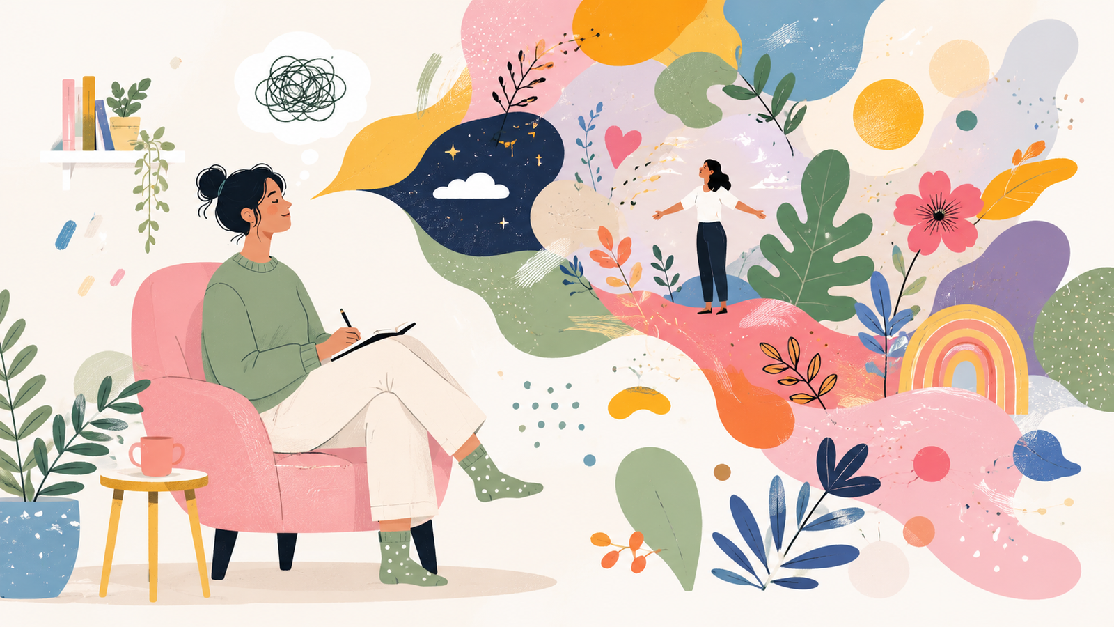 Abstract colourful illustration representing anxiety support and emotional healing through therapy