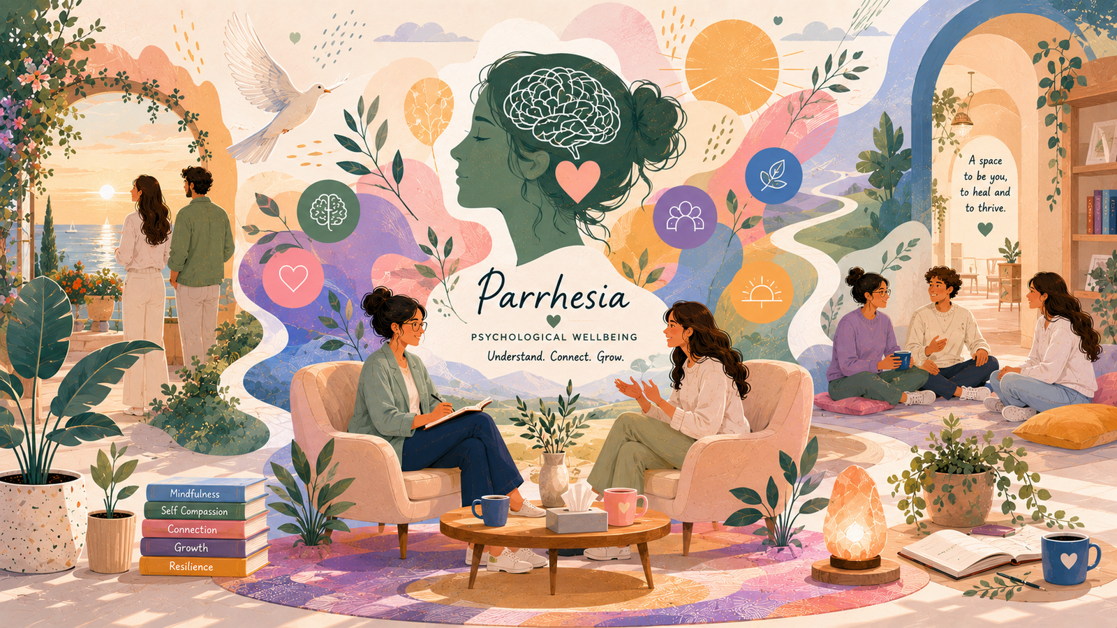 Minimal colourful editorial illustration for the Parrhesia homepage representing psychological wellbeing, therapy, emotional support, connection, healing, and personal growth in a calm safe environment
