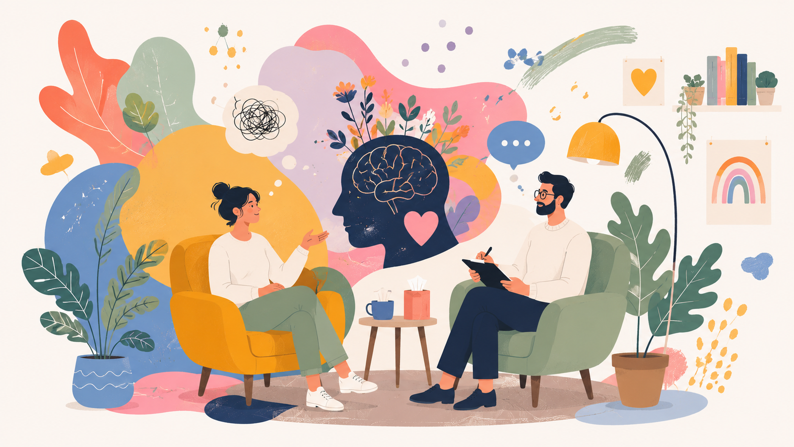Colourful editorial illustration of a psychologist and patient in a therapy session representing emotional support, communication, and mental wellbeing