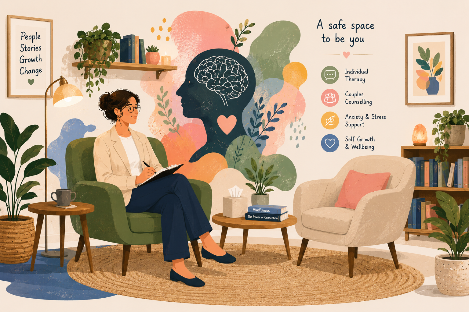 Colourful editorial illustration of a calm therapy office representing safe space counselling, emotional support, anxiety support, and personal wellbeing